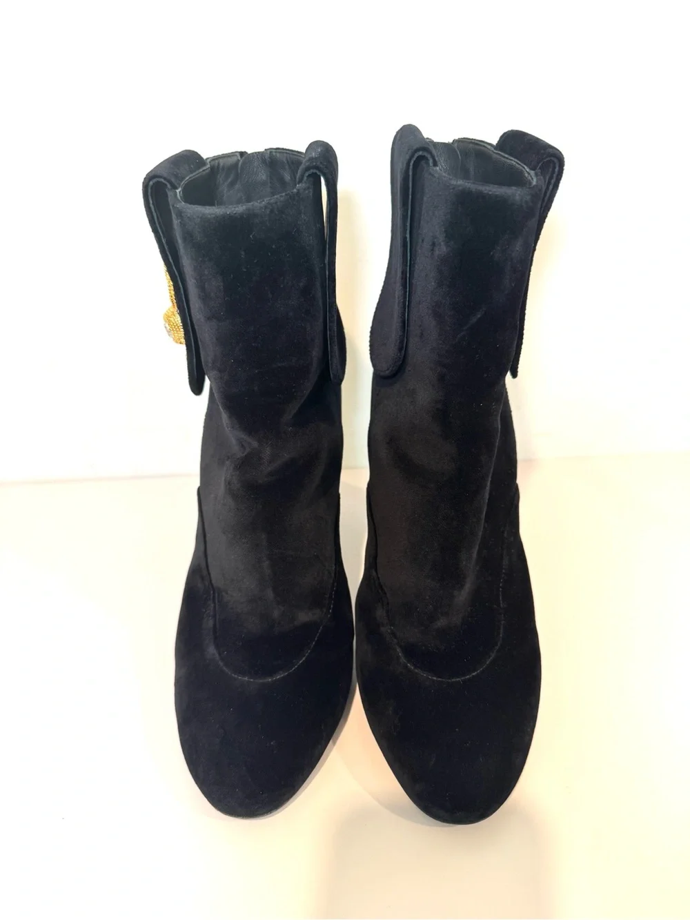 Chanel Black Velvet CC Logo Gold Medallion Coin Ankle Boots Sz 39